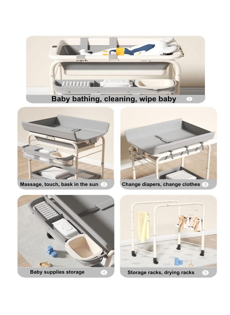 2 in 1 Baby Bathtub with Changing Table, Waterproof Diaper Changing Station Portable Changing Table Adjustable Height Nursery Organizer with Storage Racks for Newborn Infant Toddler