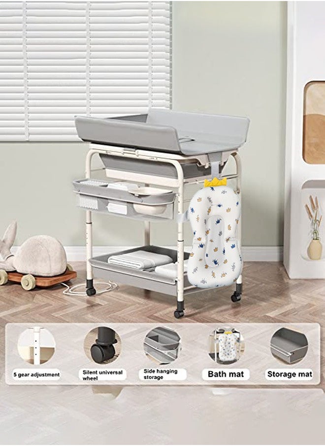 2 in 1 Baby Bathtub with Changing Table, Waterproof Diaper Changing Station Portable Changing Table Adjustable Height Nursery Organizer with Storage Racks for Newborn Infant Toddler