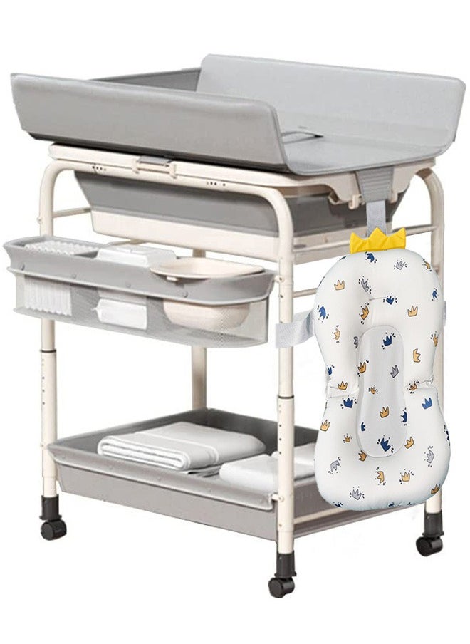 2 in 1 Baby Bathtub with Changing Table, Waterproof Diaper Changing Station Portable Changing Table Adjustable Height Nursery Organizer with Storage Racks for Newborn Infant Toddler