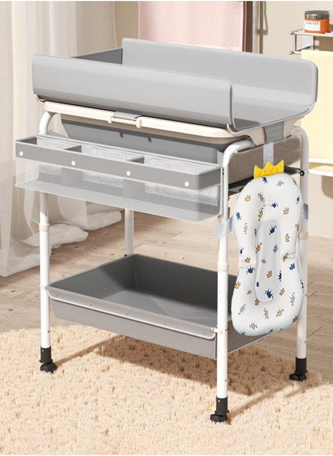 2 in 1 Baby Bathtub with Changing Table, Waterproof Diaper Changing Station Portable Changing Table Adjustable Height Nursery Organizer with Storage Racks for Newborn Infant Toddler