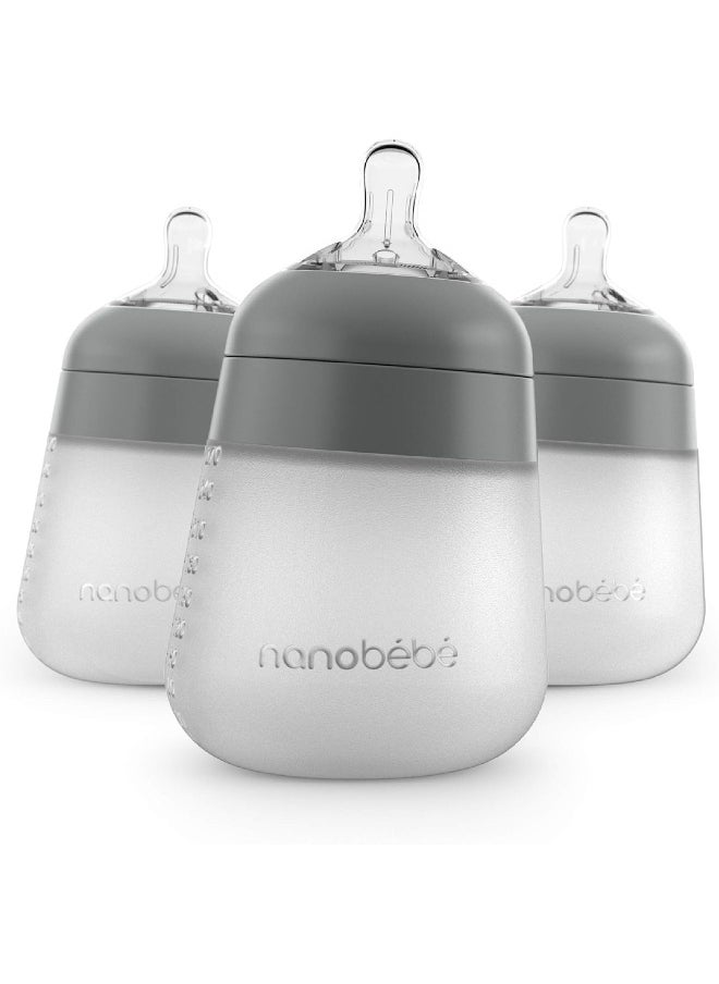 Nanobebe Flexy Silicone Baby Bottle, Anti-Colic, Natural Feel, Non-Collapsing Nipple, Non-Tip Stable Base, Easy to Clean, 3-Pack, Gray, 9oz/270 ml