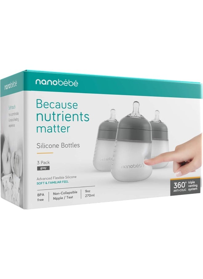 Nanobebe Flexy Silicone Baby Bottle, Anti-Colic, Natural Feel, Non-Collapsing Nipple, Non-Tip Stable Base, Easy to Clean, 3-Pack, Gray, 9oz/270 ml