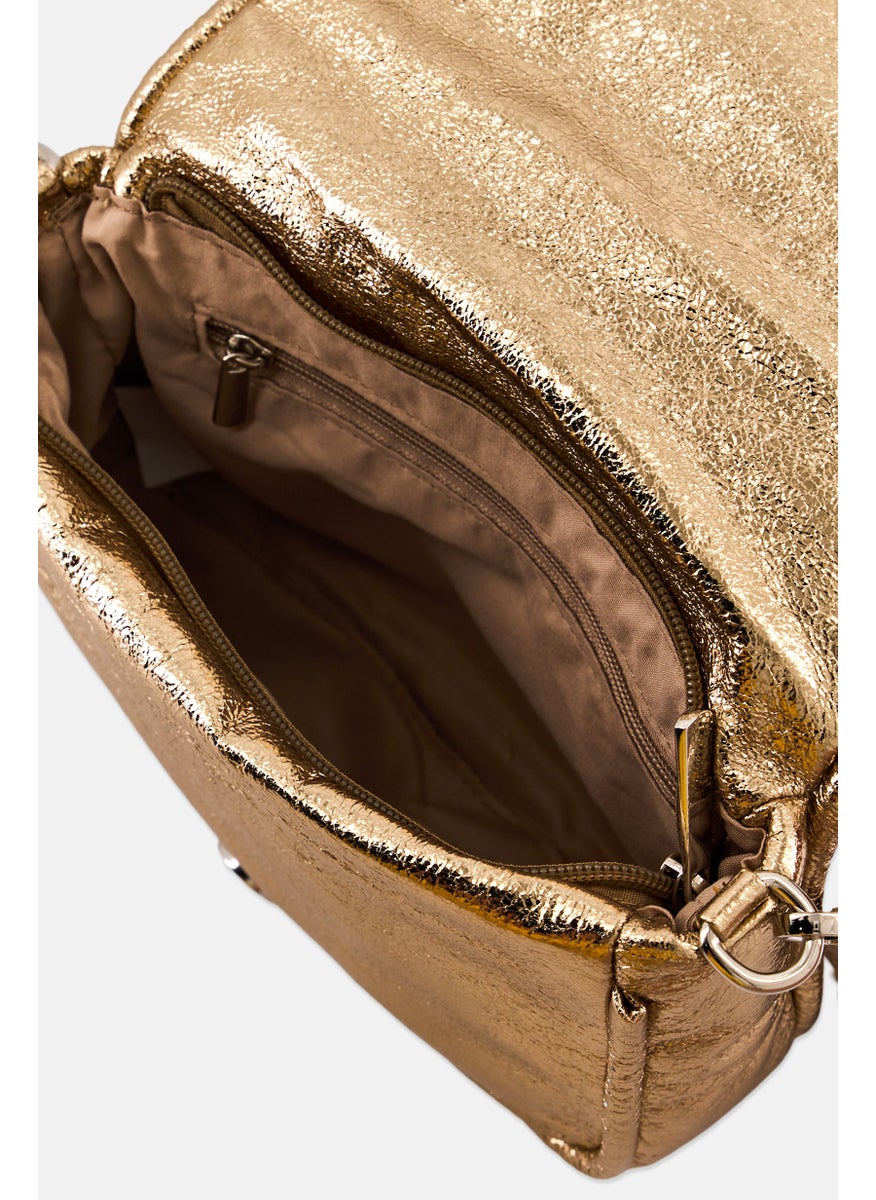 Women Brand Logo Shoulder Bag, Gold