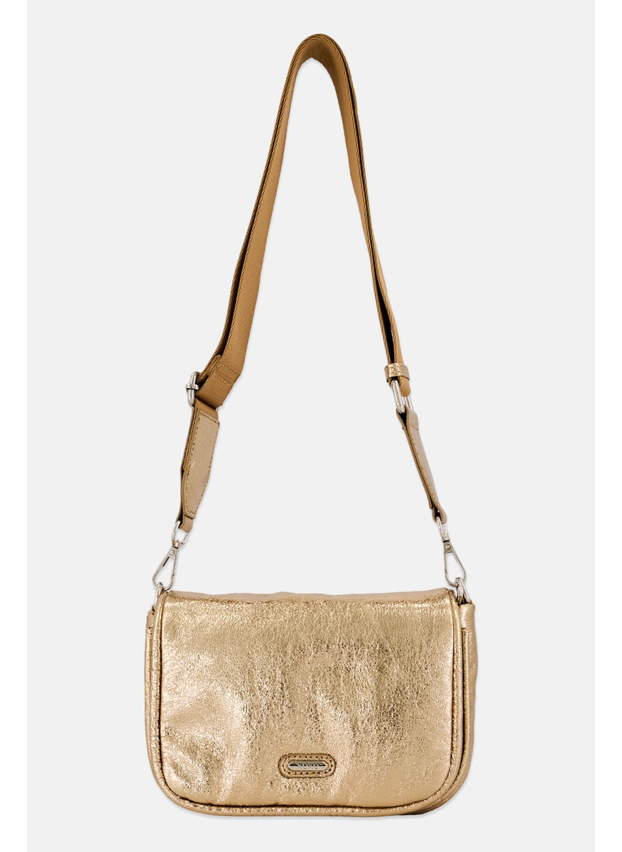 Women Brand Logo Shoulder Bag, Gold