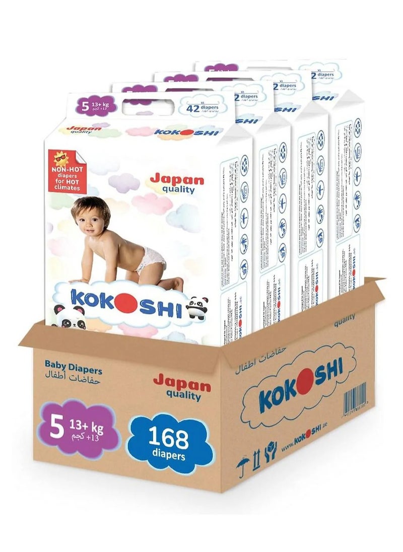 Kokoshi Premium Baby Diapers, Size 5, Pack of 4 - 168 Pieces