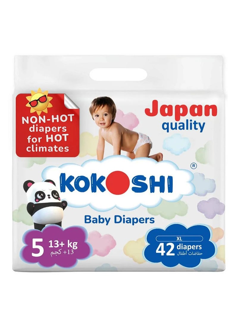 Kokoshi Premium Care Baby Tape Style Diapers Size 5, 13kg+, 42 Pack - Hypoallergenic, Wetness Indicator, 12hr Leak Proof