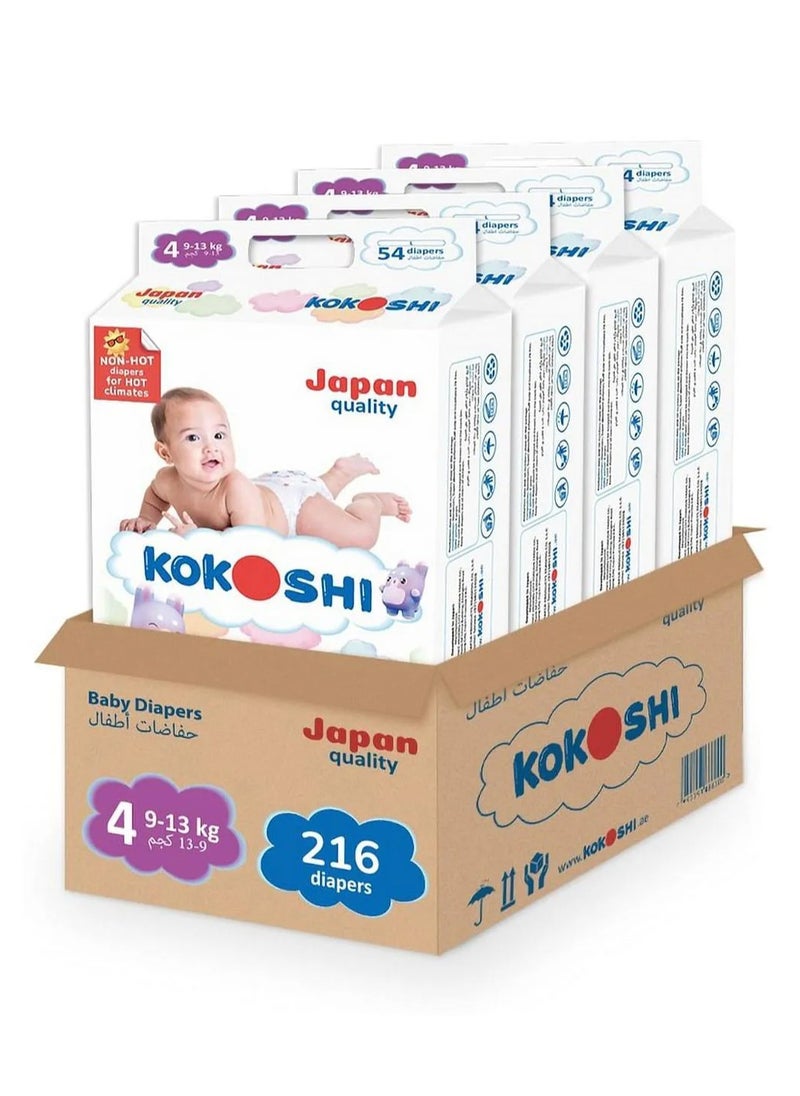 Kokoshi Premium Baby Diapers, Size 4, Pack of 4 - 216 Pieces