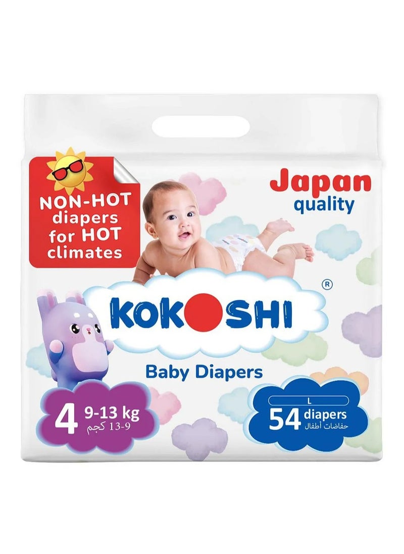 Kokoshi Eco-Friendly Size 4 Hypoallergenic Baby Tape Style Diapers 54 Pieces - Leakproof Softness Japan Quality, 9-13kg