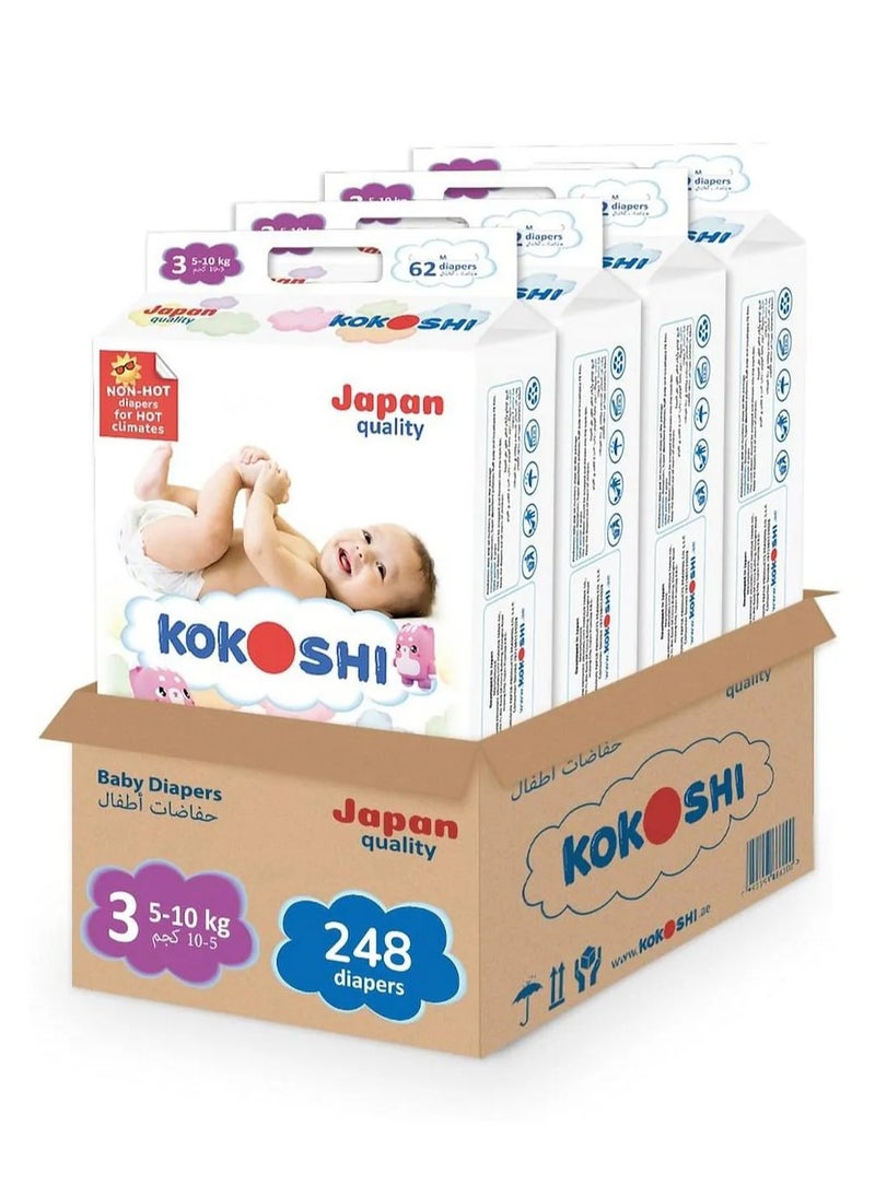 Kokoshi Premium Baby Diapers, Size 3, Pack of 4 - 248 Pieces