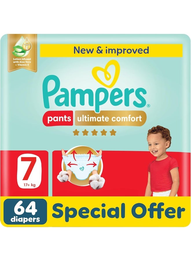 Pampers Ultimate Comfort Pants Diapers, Size 7, 20+kg, Lotion infused with Aloe Vera and Vitamin E, Cottony Soft Fit for up to 100% Leakage Protection, Super Saving Pack, 64 Count