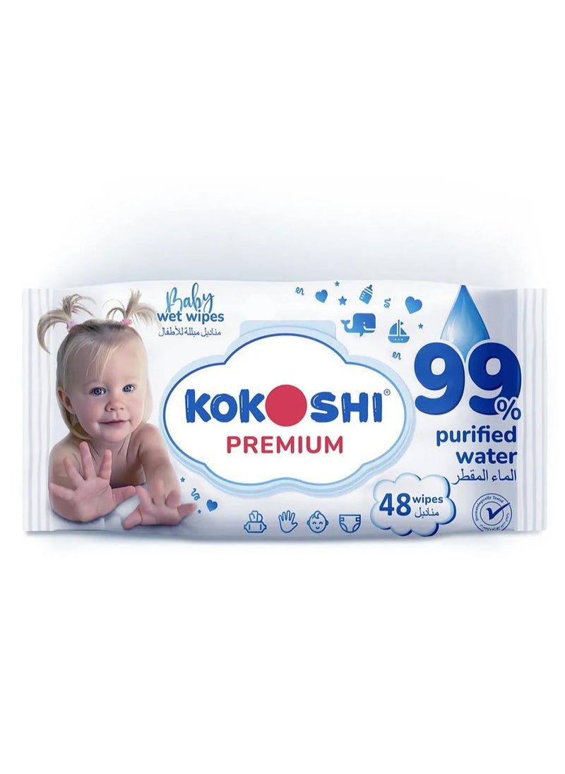 Kokoshi Premium Baby Wipes, Extra Sensitive, 99% Pure Water, Alcohol Free - 48 Pieces