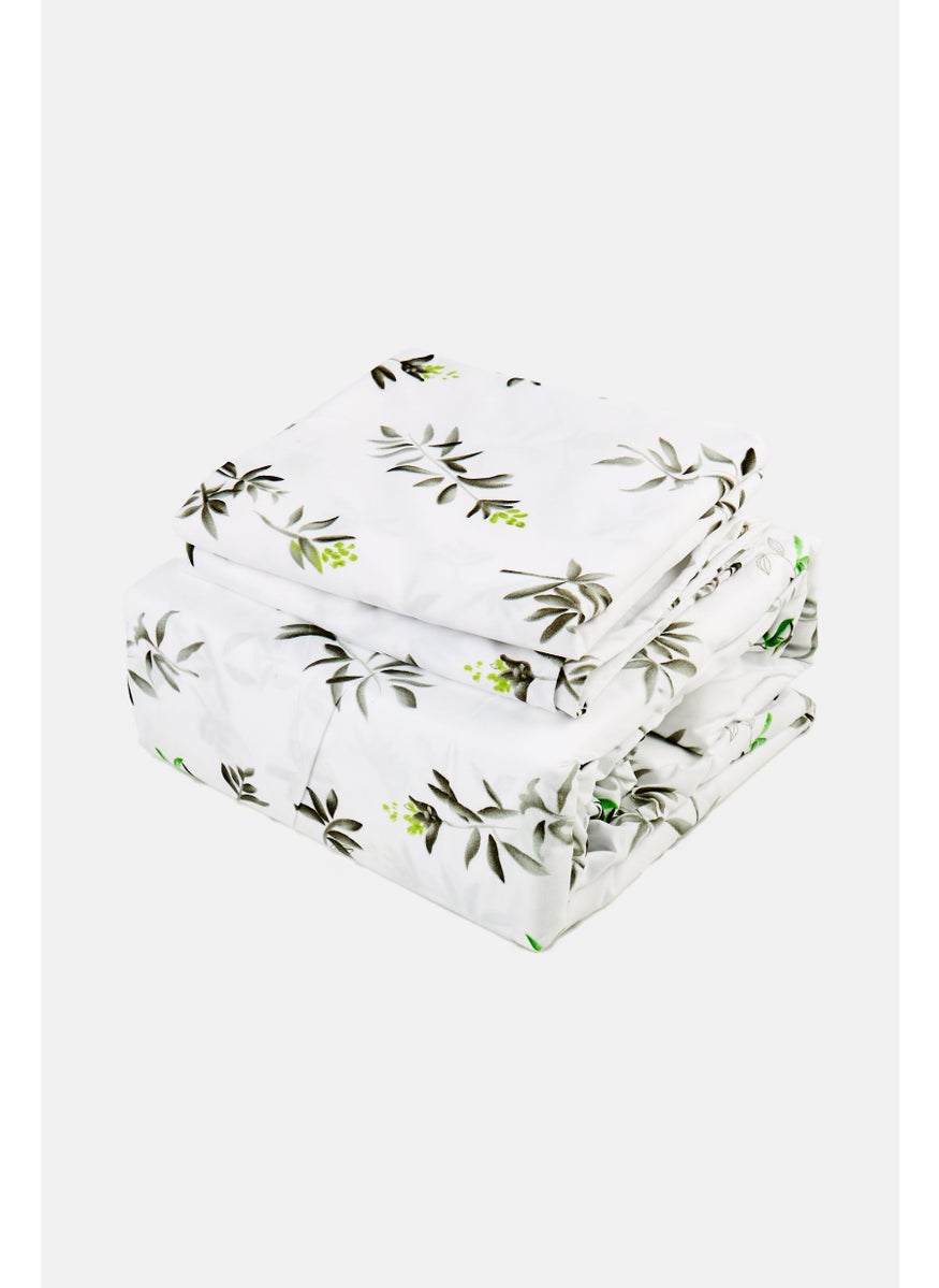 3 Pieces Floral Print Microfiber Bedsheet Set, White