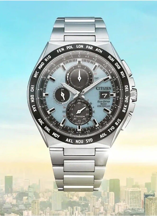 Eco-Drive Global Radio Controlled Mens Watch AT8238-84M – Sky Blue Dial with Silver-Tone Markers, Super Titanium Case with Duratect Coating, World-Time Function, 43mm, Eco-Drive, Radio-Controlled, Sapphire Crystal