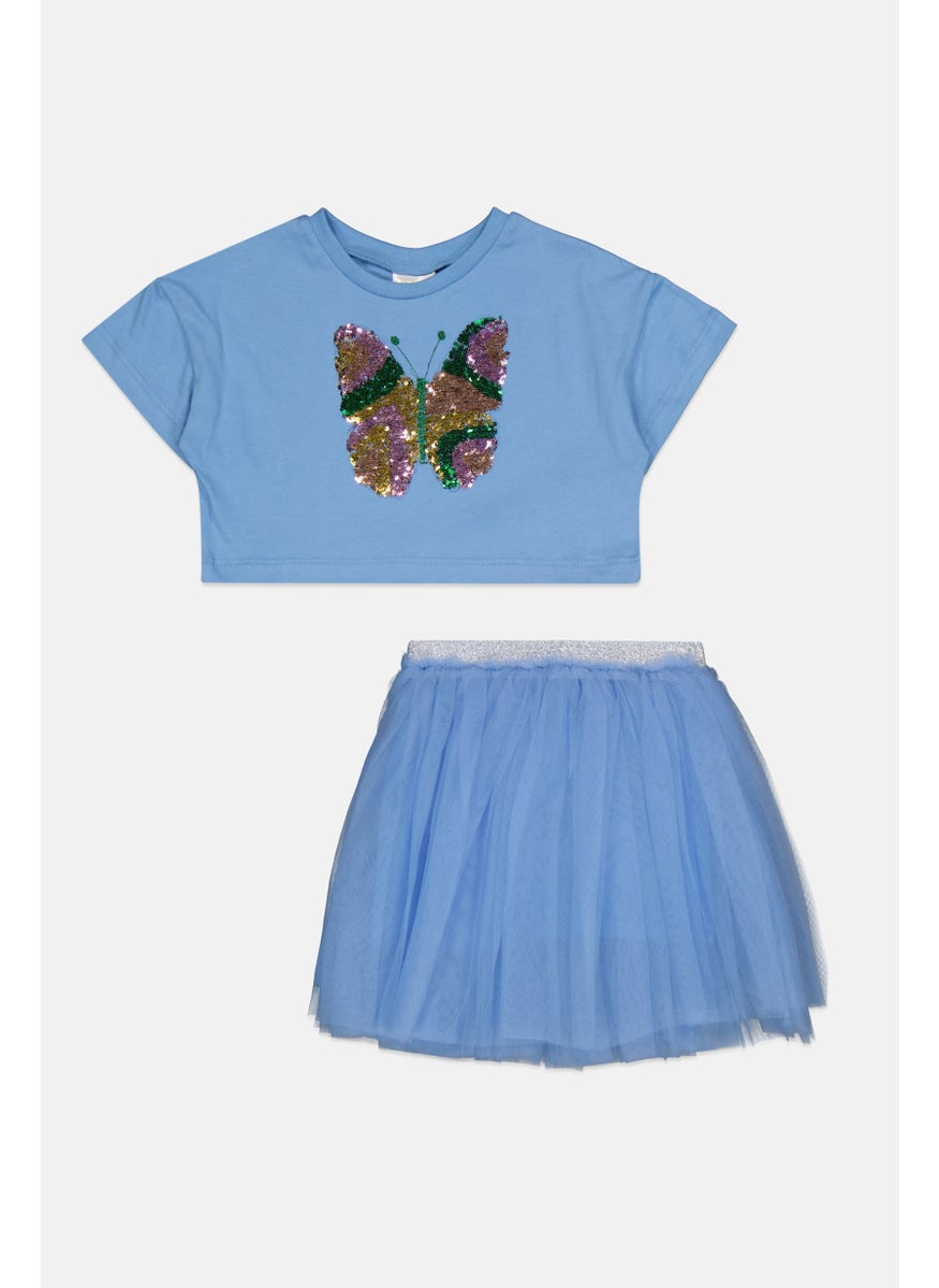 Kids Girl 2Pcs Sequin Top And Skirt Set, Dusty Blue