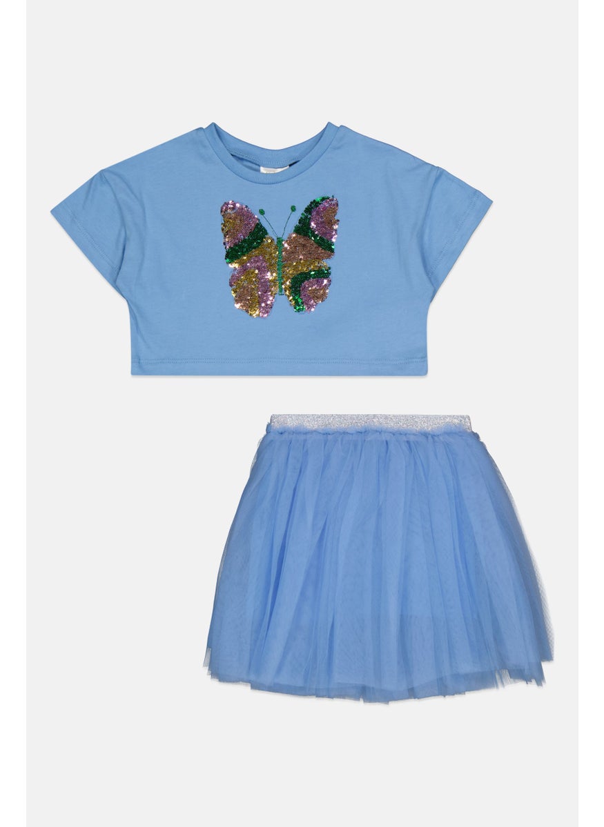 Toddlers Girl 2Pcs Sequin Top And Skirt Set, Dusty Blue
