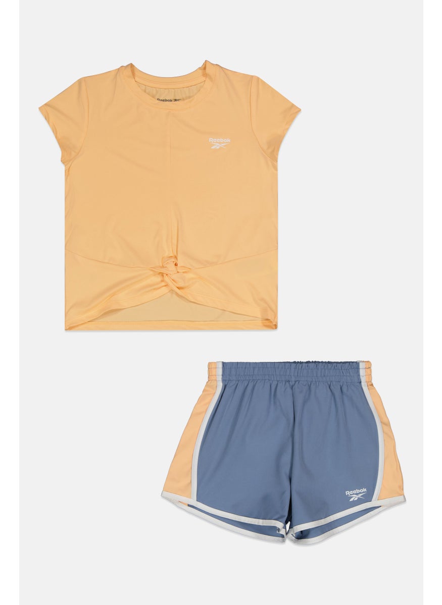 Kids Girl 2 Pieces Brand Logo Twist Top and Short Set, Dark Peach/Grey