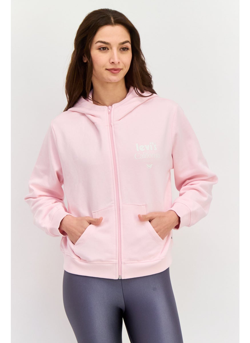 Women Hooded Brand Logo Sweatshirt, Pink