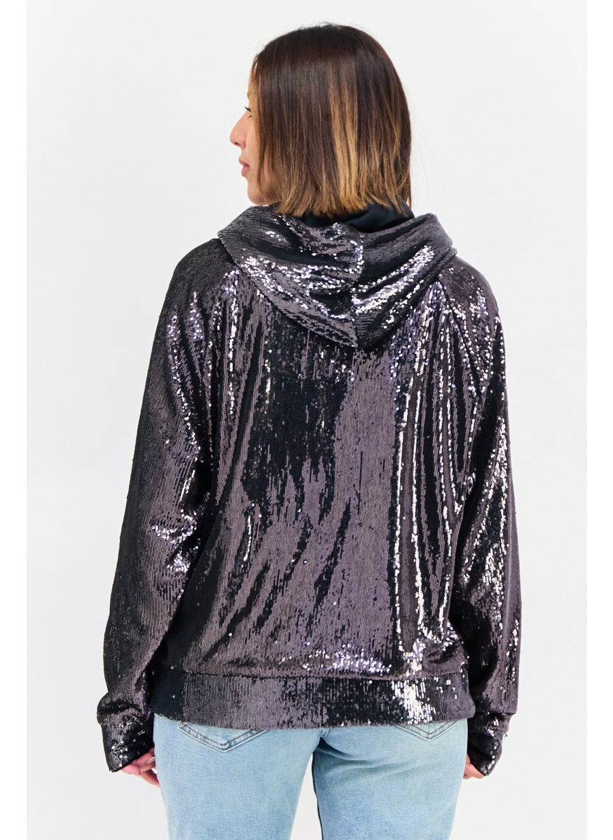 Women Sequins Long Sleeve Hoodie, Black