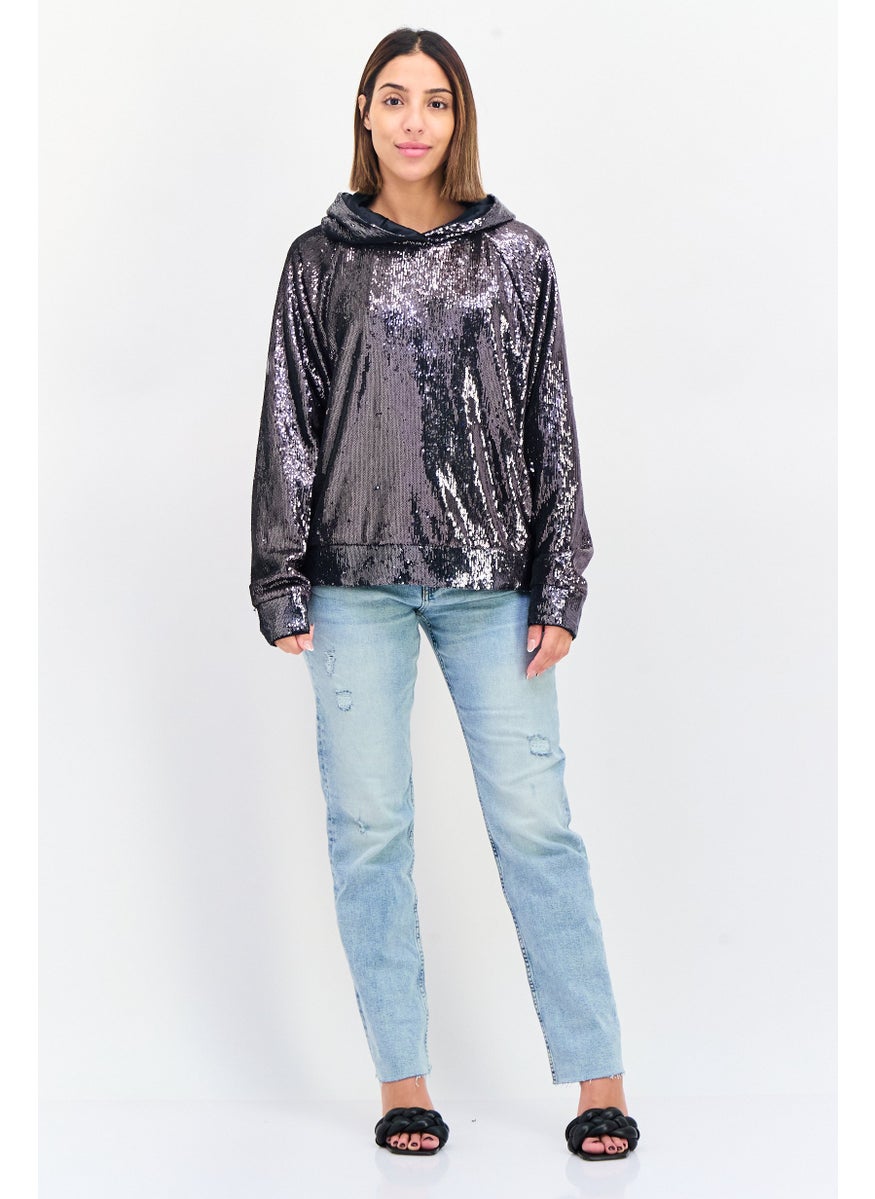 Women Sequins Long Sleeve Hoodie, Black