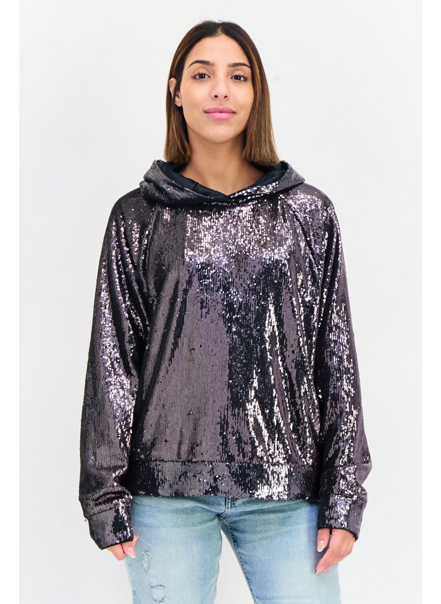 Women Sequins Long Sleeve Hoodie, Black