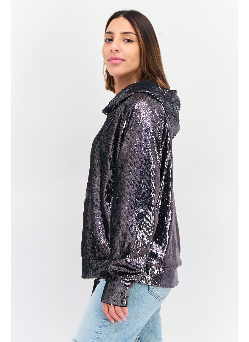 Women Sequins Long Sleeve Hoodie, Black