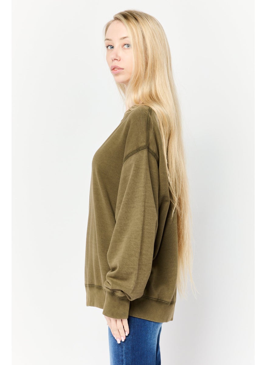 Women Crew Neck long Sleeves Brand Logo Sweatshirt, Army