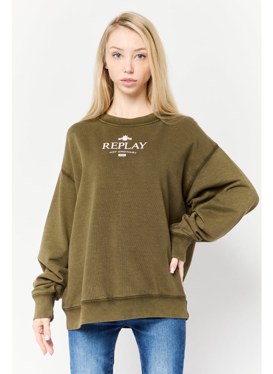 Women Crew Neck long Sleeves Brand Logo Sweatshirt, Army