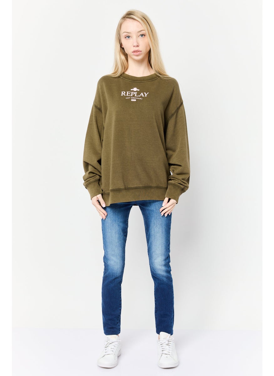 Women Crew Neck long Sleeves Brand Logo Sweatshirt, Army