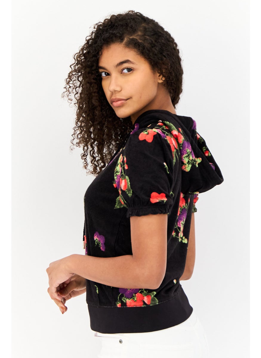 Women Floral Pattern Zip Up Short Sleeve Hoodie, Multicolor