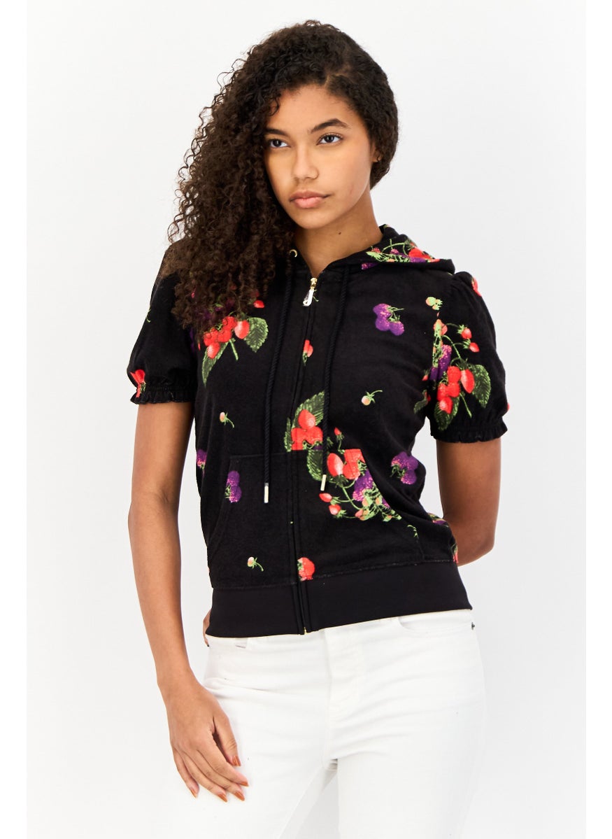 Women Floral Pattern Zip Up Short Sleeve Hoodie, Multicolor