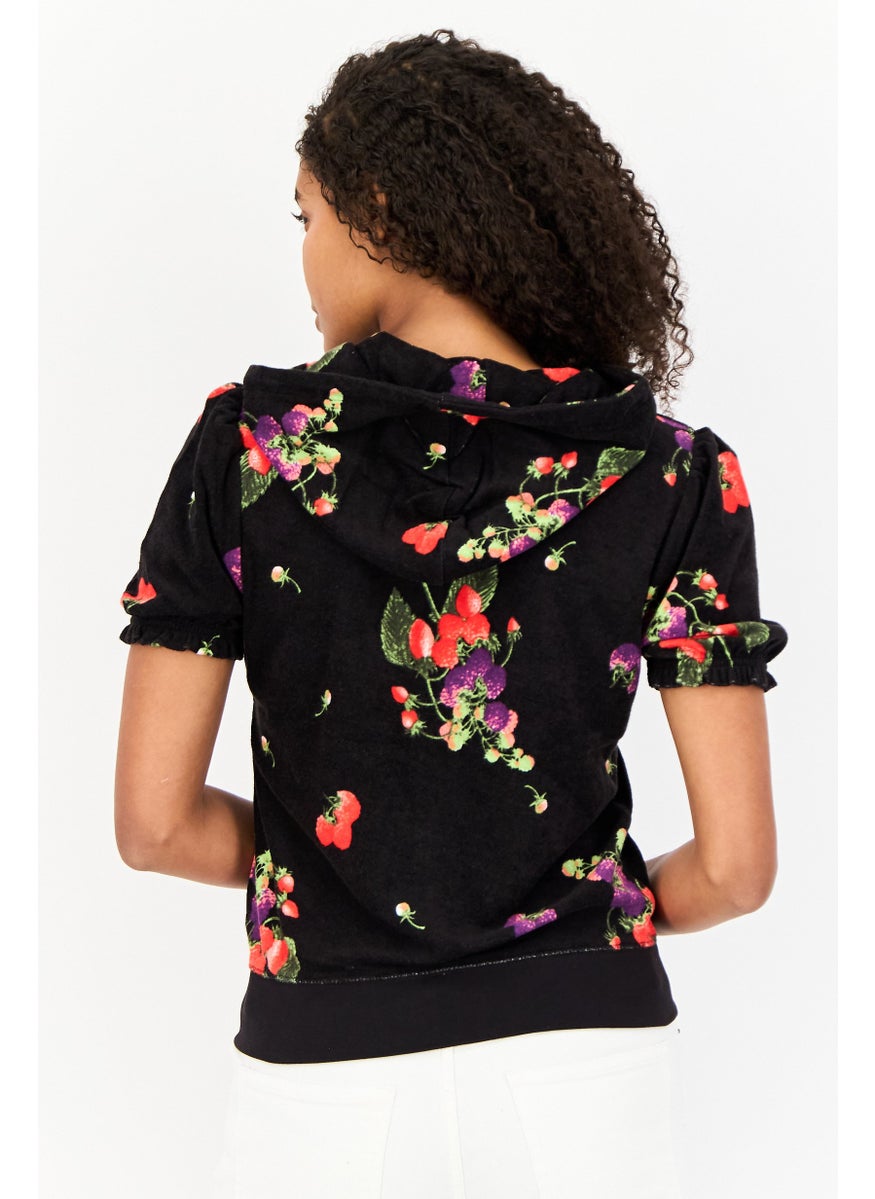 Women Floral Pattern Zip Up Short Sleeve Hoodie, Multicolor