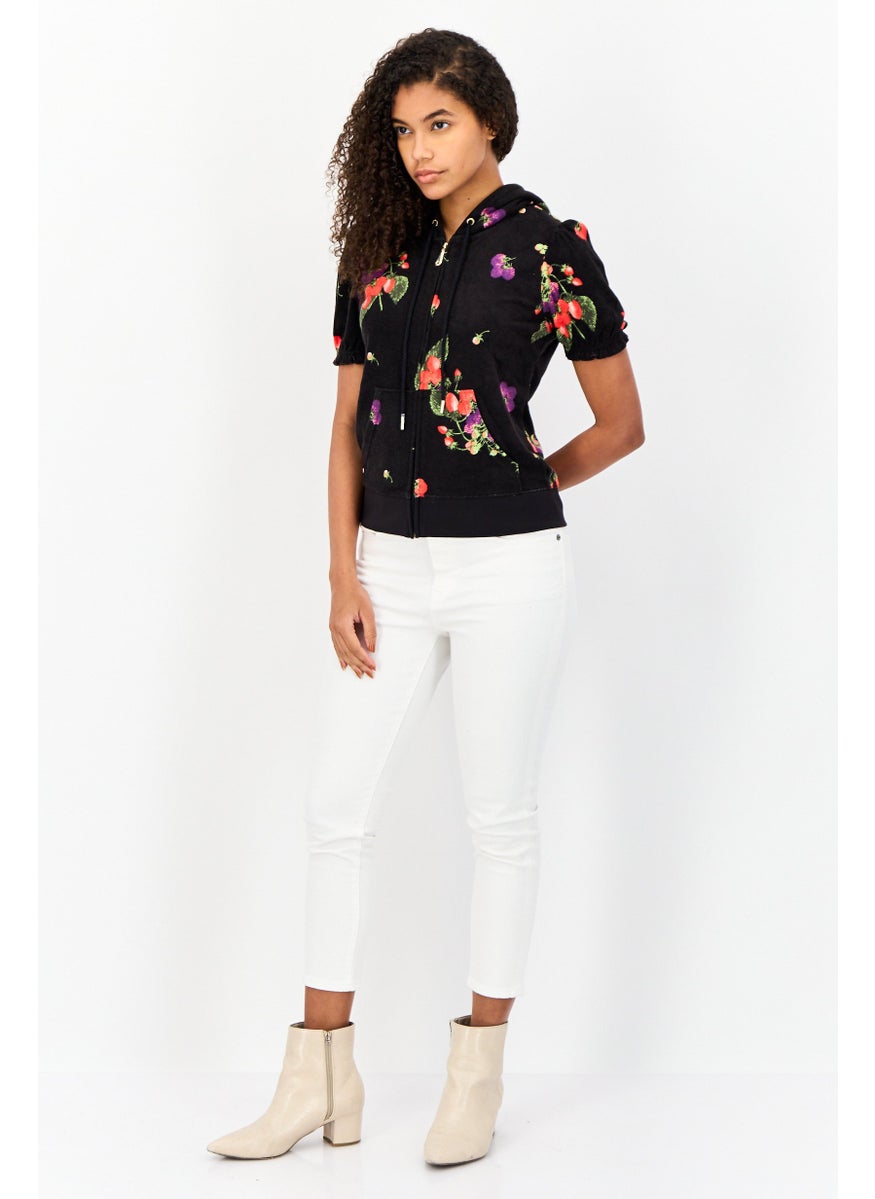 Women Floral Pattern Zip Up Short Sleeve Hoodie, Multicolor