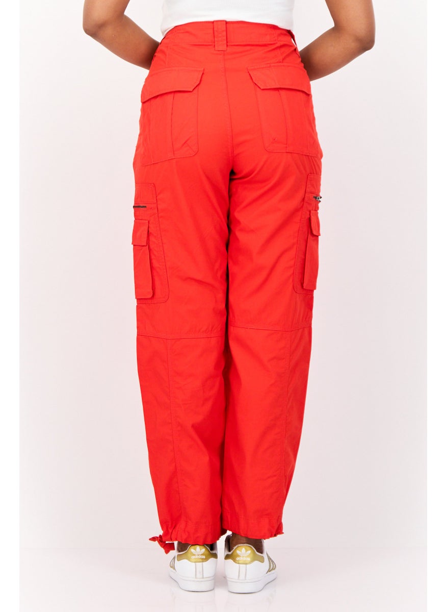 Women Straight Fit  High Rise Solid Cargo Pants, Red