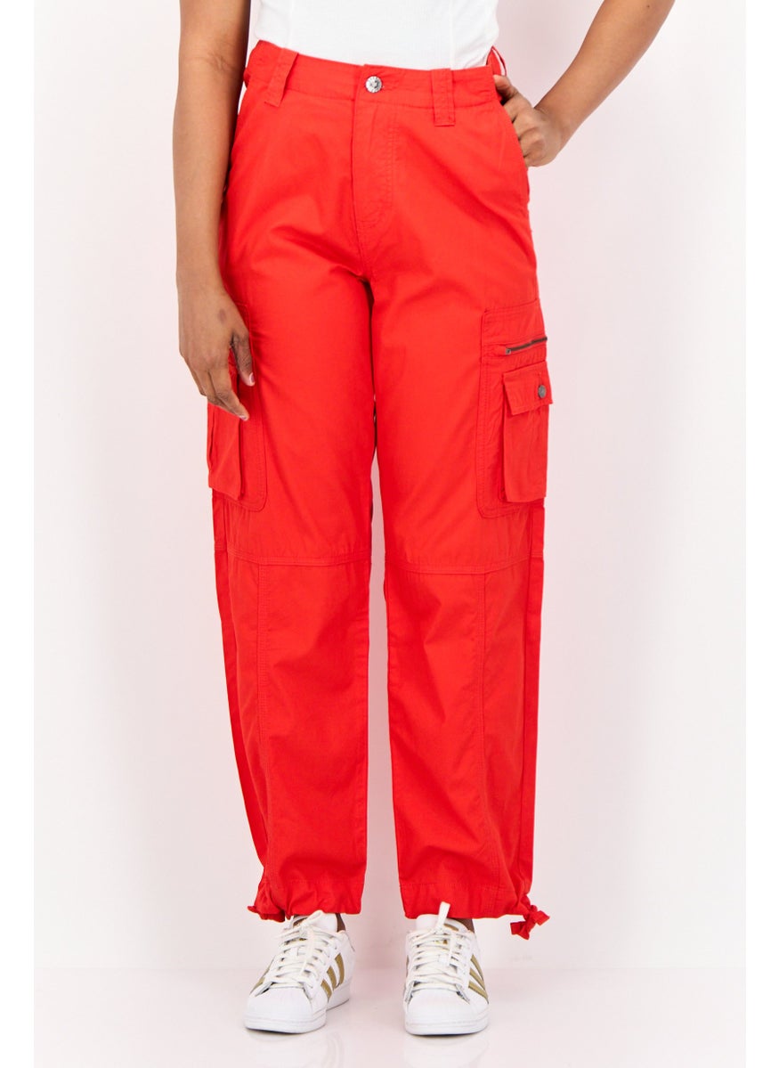 Women Straight Fit  High Rise Solid Cargo Pants, Red