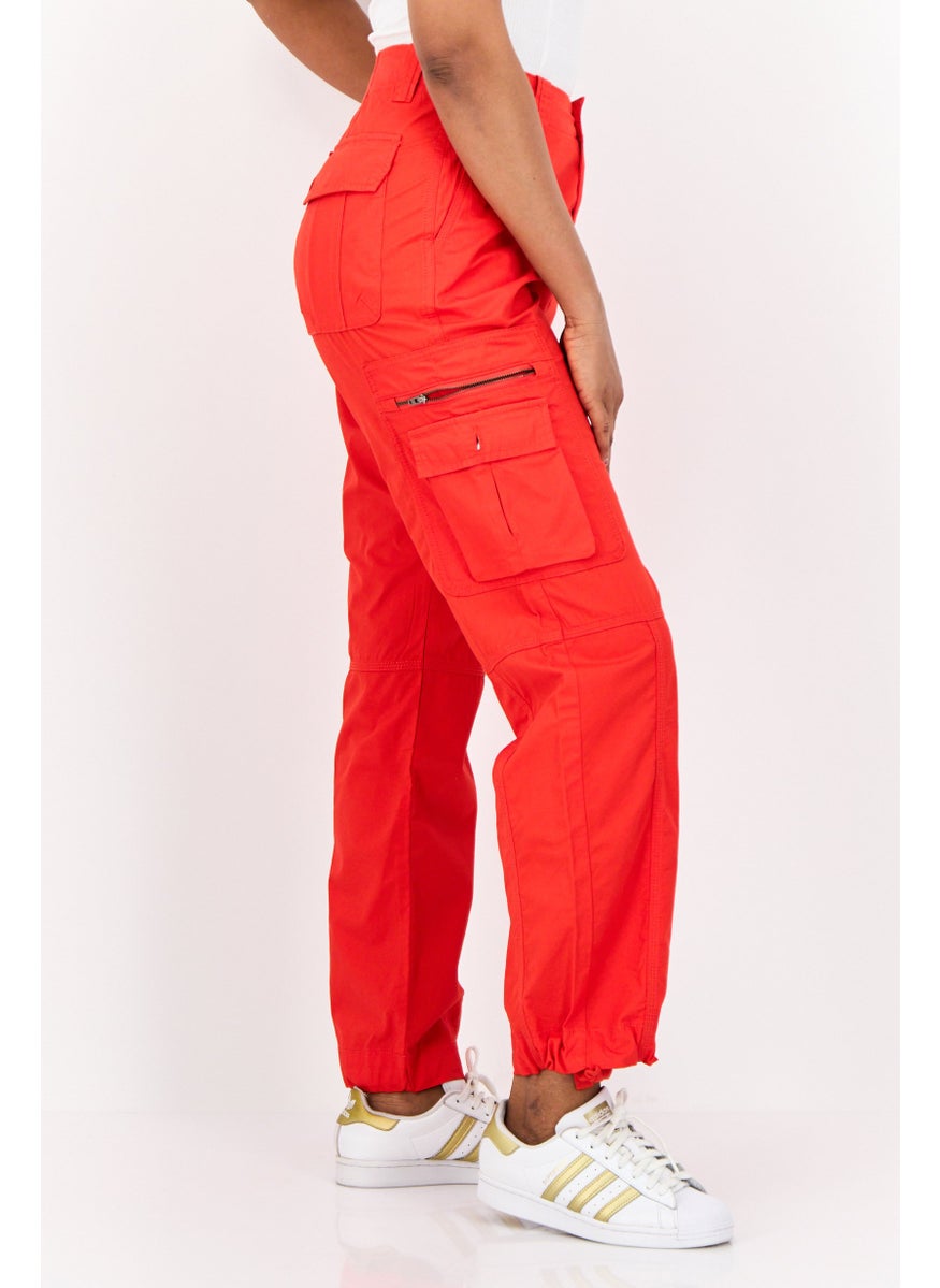 Women Straight Fit  High Rise Solid Cargo Pants, Red