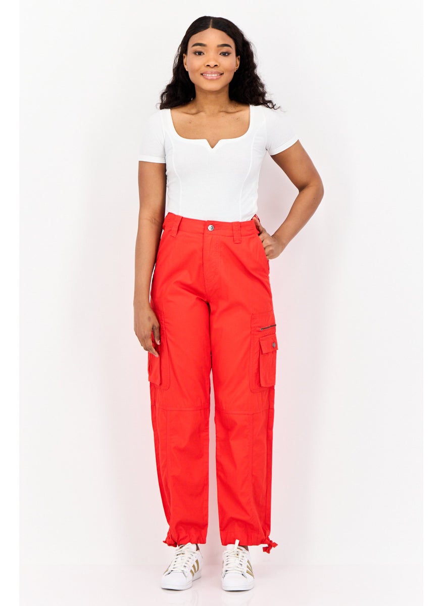 Women Straight Fit  High Rise Solid Cargo Pants, Red