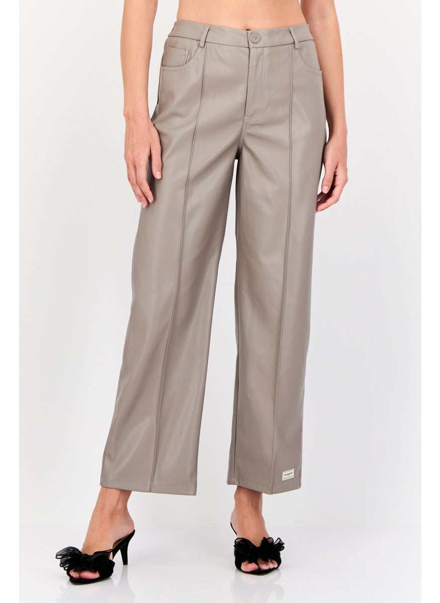 Women Regular Fit Brand Logo Wide Leg Pants, Taupe