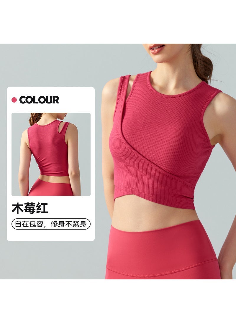Spring Summer Patchwork Yoga Vest with Built-in Bra Raspberry Red