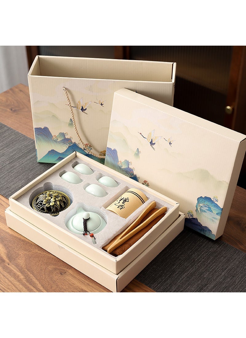 National tide Chinese style business gifts tea set celadon Xi Shi Pot 1 pot 4 cups incense burner sandalwood combination set logo New country tide celadon + tea towel tea clip