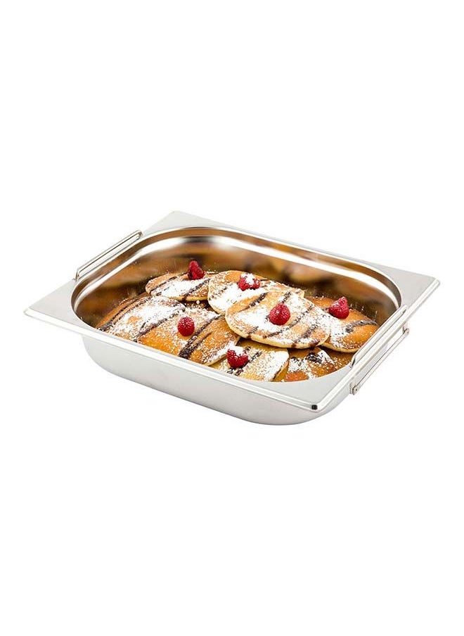 Restaurantware-Met Lux 20.5 Inch x 10.4 Inch x 2.5 Inch Steam Table Pan, 1 Half Size Hotel Pan - Anti-Jam, Deep, Silver Stainless Steel Half Size Pan, With Collapsible Handles, For Parties Or Events