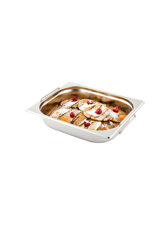 Restaurantware-Met Lux 20.5 Inch x 10.4 Inch x 2.5 Inch Steam Table Pan, 1 Half Size Hotel Pan - Anti-Jam, Deep, Silver Stainless Steel Half Size Pan, With Collapsible Handles, For Parties Or Events
