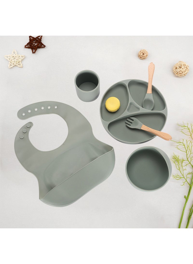 Kids Silicone Plate Set Baby Feeding Bowl Disc-patina + wooden spoon Fork + Bib + snail bowl + Cup