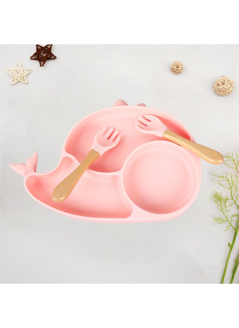 Kids Silicone Plate Set Baby Feeding Bowl Bare powder-whale dish + wooden fork spoon
