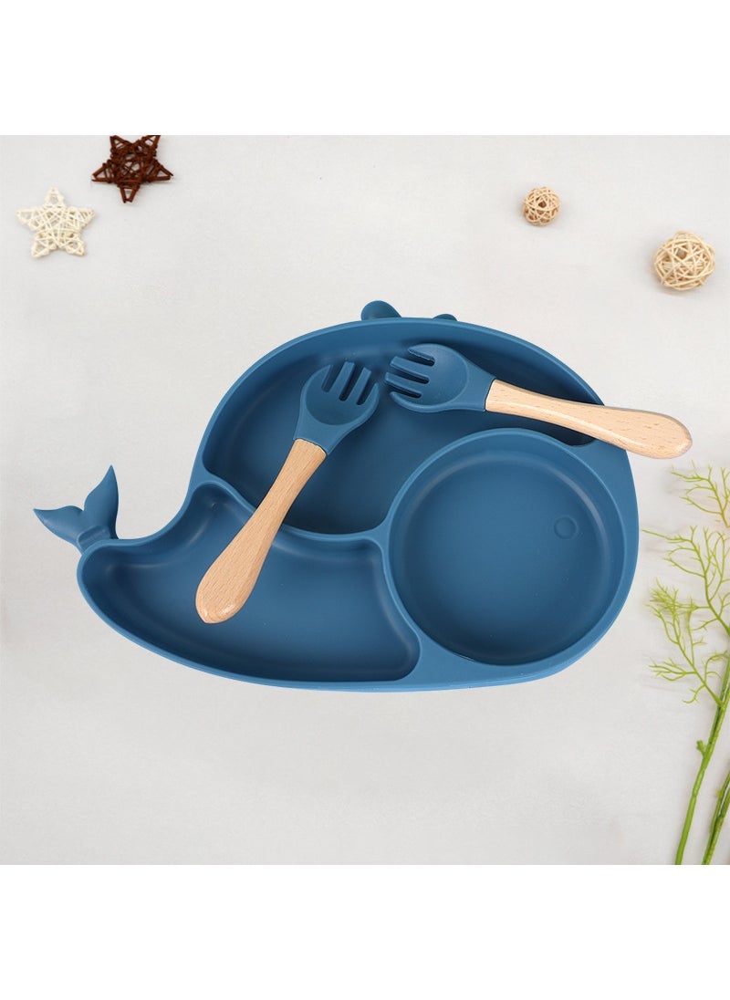 Kids Silicone Plate Set Baby Feeding Bowl Deep purple blue-whale plate + wooden fork spoon