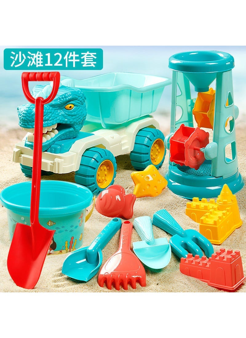 Thickened Kids Beach Toy Car Set with Sand Tools Dinosaur Beach Car Hourglass Tool Big Shovel 11 Piece Set