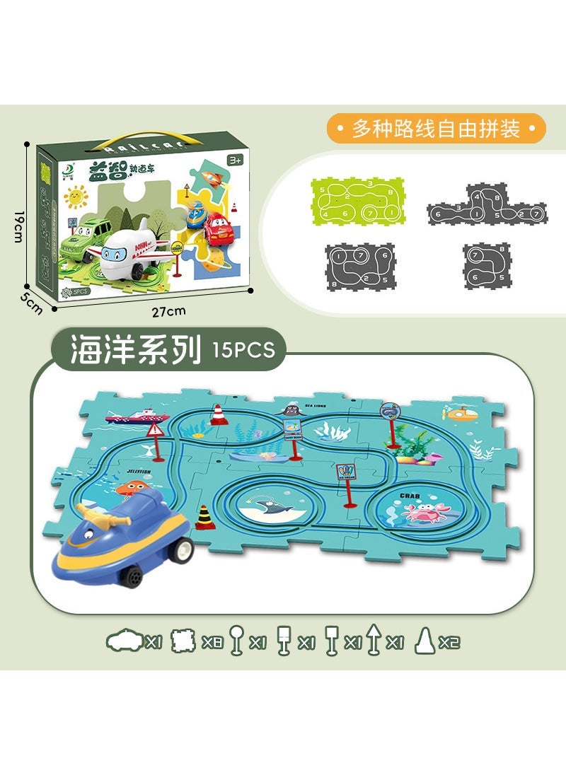Kids DIY City Map Track Toy Set Ocean Theme [15PCs] 8 Puzzle +4 Logo +2 Obstacles +1 Motorboat