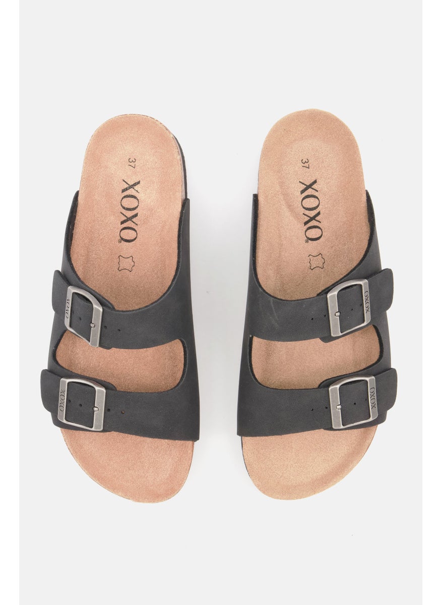 Women Open Toe Slip On Slides, Black