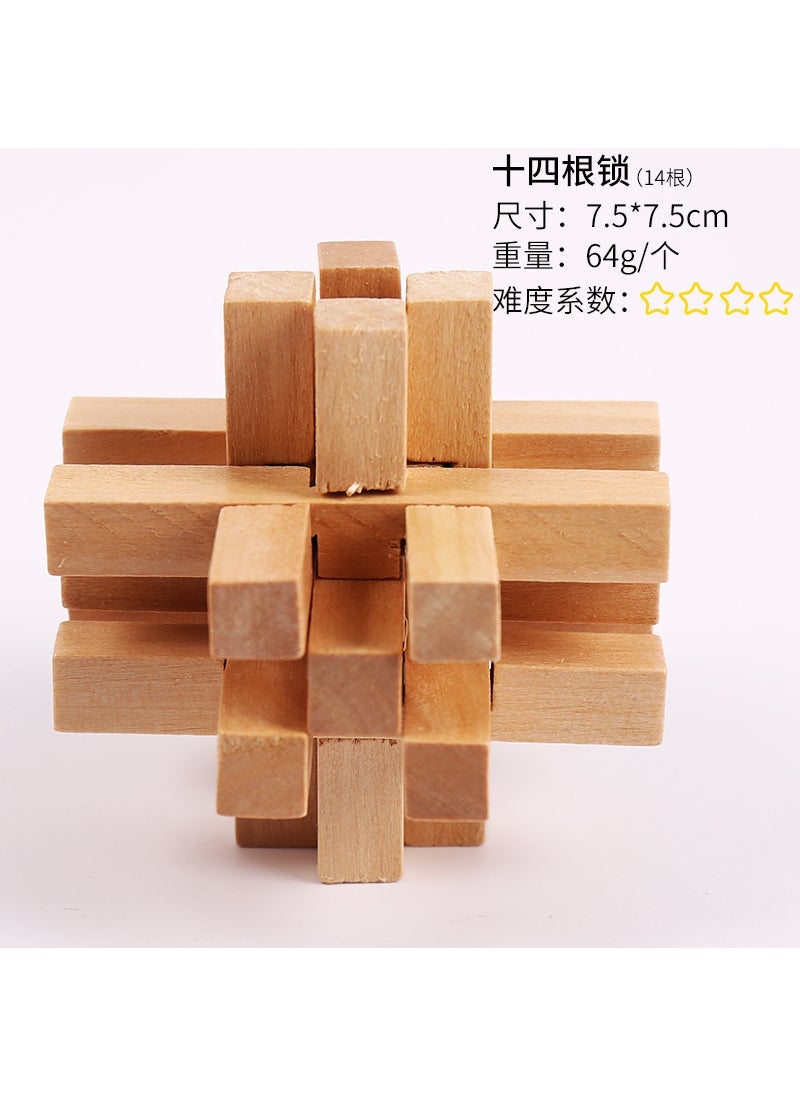 Colorful Beechwood Kongming Lock Puzzle Toy Fourteen-Post lock