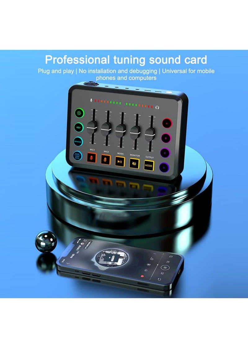 Podcast Equipment Bundle, Audio Mixer DJ Device, All-in-One Live Sound Card with Microphone, for Podcast Recording, PC, Smartphone, YouTube, TikTok Live Streaming ,Black Microphone Set