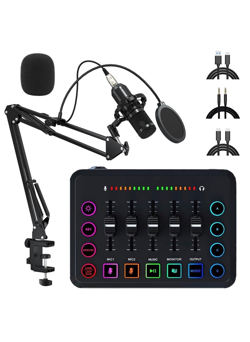 Podcast Equipment Bundle, Audio Mixer DJ Device, All-in-One Live Sound Card with Microphone, for Podcast Recording, PC, Smartphone, YouTube, TikTok Live Streaming ,Black Microphone Set